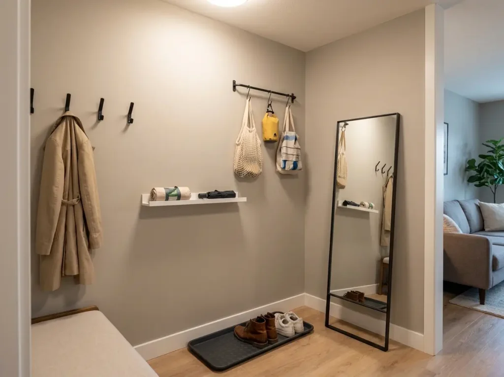 Vertical entryway storage with wall shelf rail and leaned mirror in a small apartment