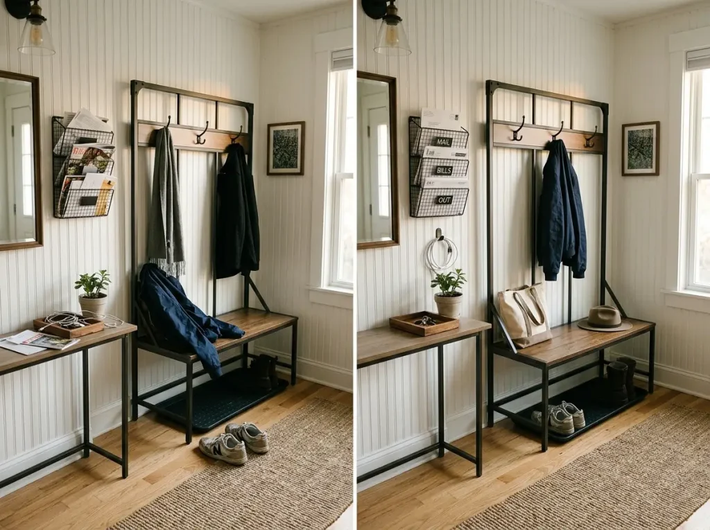 Split view entryway organization before and after weekly 3-minute reset, apartment entry