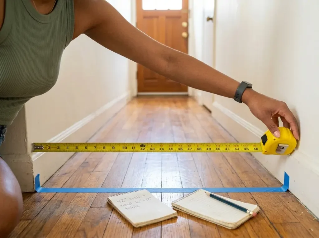 Hands measuring apartment entryway clearance with tape measure showing 36-inch hallway width