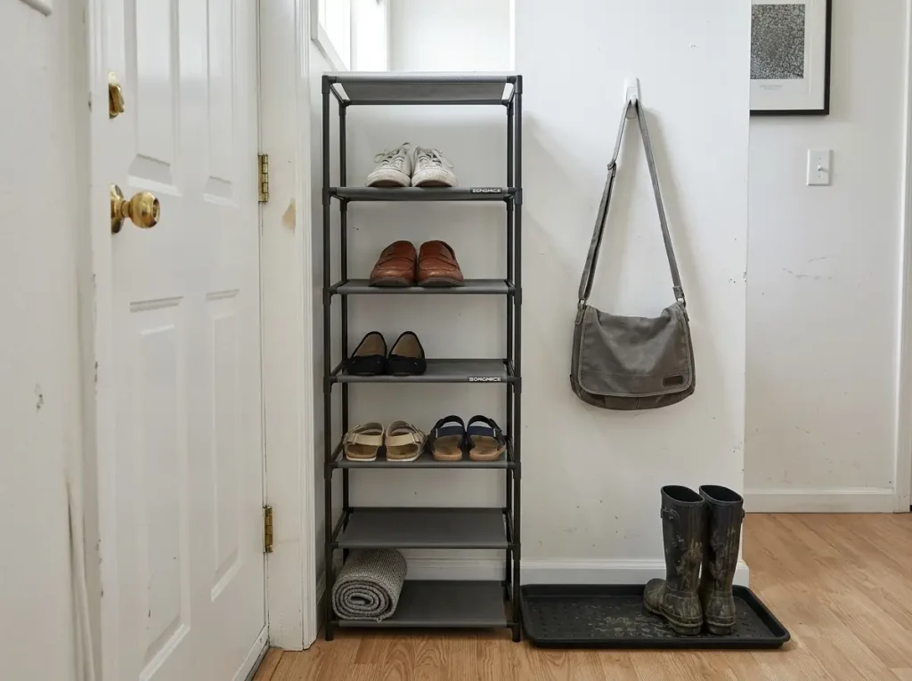 SONGMICS 5-tier slim shoe rack in narrow gap beside apartment front door frame