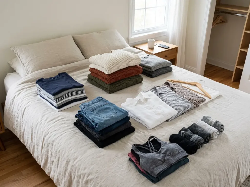 How to Organize Clothes With or Without a Closet 2 Clothes sorted into category piles of tops, sweaters, and jeans laid out neatly