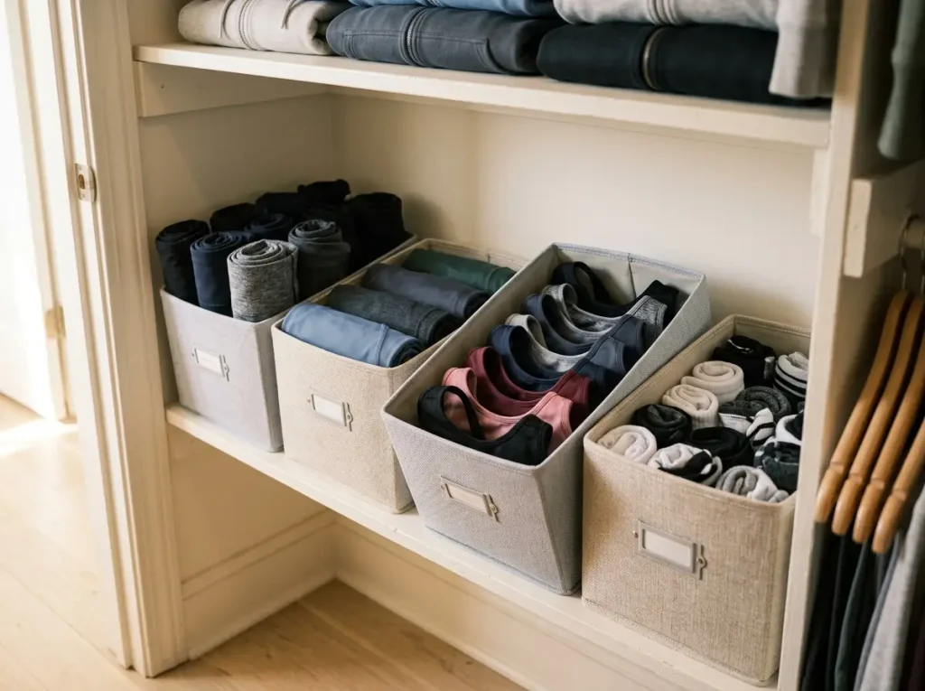 Breathable labeled fabric bins on a shelf holding sorted workout clothes by category