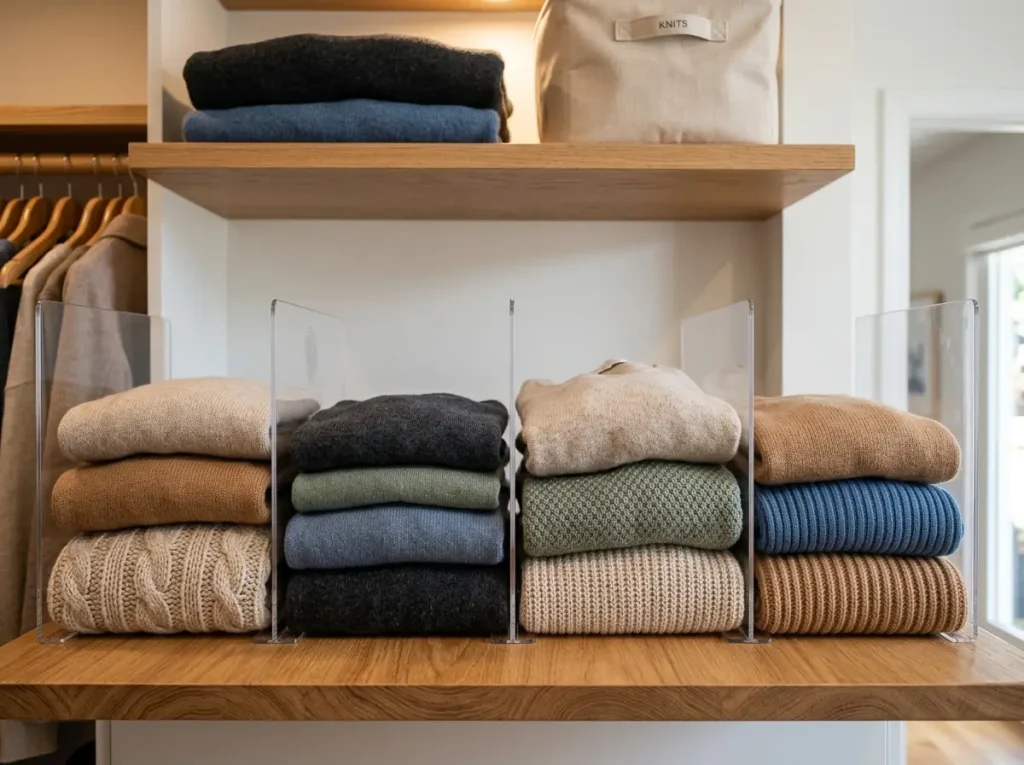 Low square stacks of folded sweaters separated by clear acrylic shelf dividers on a closet shelf