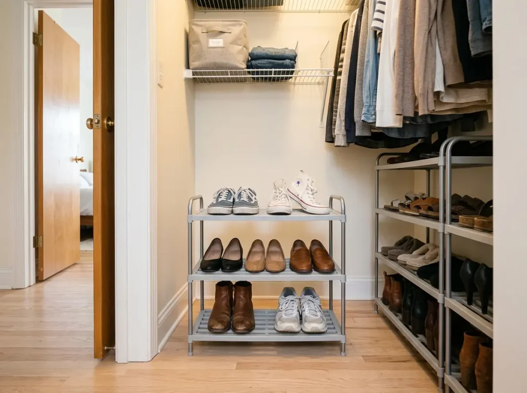 Best Shoe Organizers for Every Space and Budget 5 Three-tier resin shoe rack on a closet floor holding sneakers, flats and boots in a narrow space