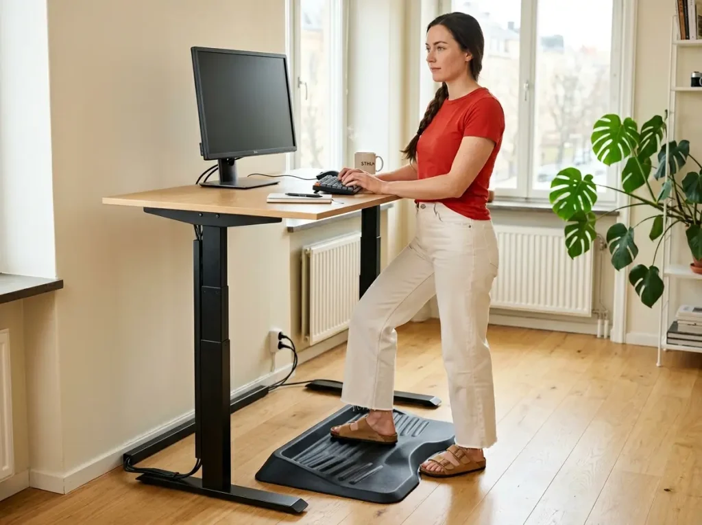 9 Standing Desk Organization Ideas That Actually Work 7 Woman standing at raised standing desk on Ergodriven Topo terrain anti-fatigue mat, cables routed along desk leg