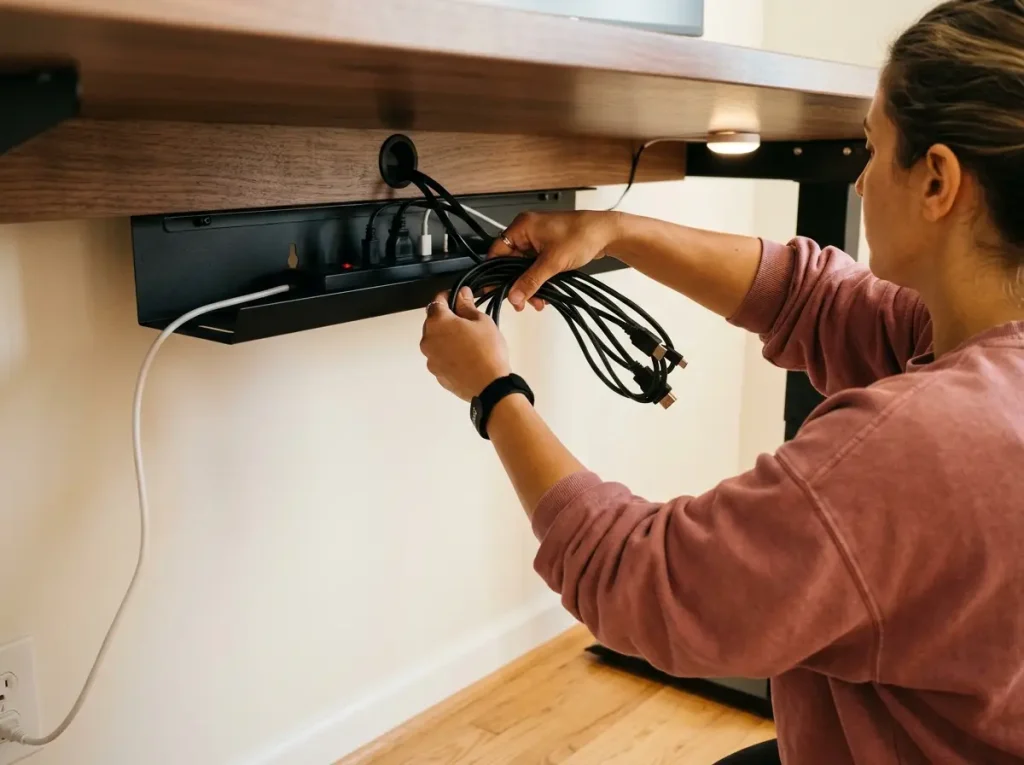 9 Standing Desk Organization Ideas That Actually Work 2 Hands routing cables along underside of standing desk to a mounted cable management tray