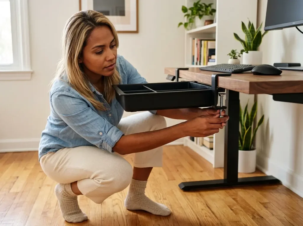 9 Standing Desk Organization Ideas That Actually Work 4 Woman tightening the clamp on a no-drill under-desk drawer attached to the front edge of a standing desk