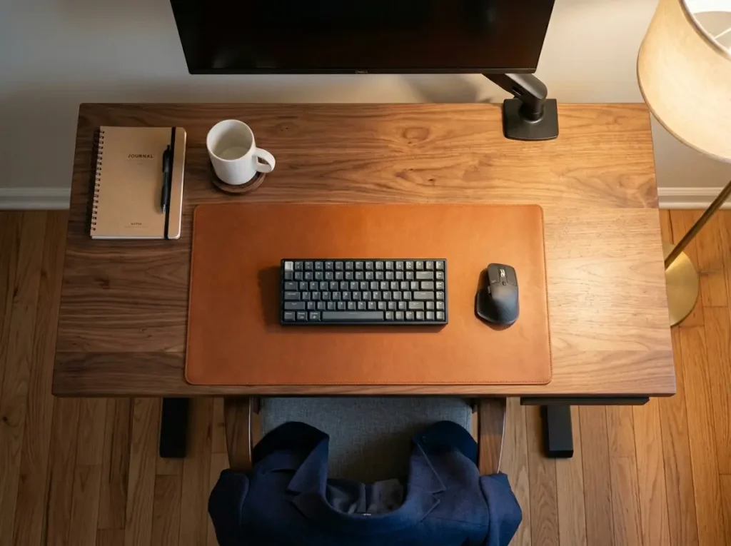 9 Standing Desk Organization Ideas That Actually Work 8 Standing desk in reset state — clean surface from above, desk at sitting height, 5 items visible, cables hidden