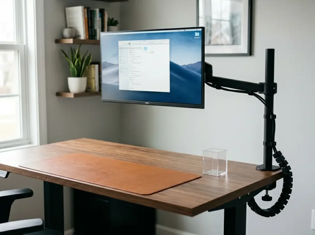 9 Standing Desk Organization Ideas That Actually Work 5 Monitor arm on clean standing desk showing freed desktop surface — monitor floating at eye level, nothing underneath it