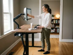 9 Standing Desk Organization Ideas That Actually Work Organized standing desk at standing height with monitor arm, cable spine on leg, clean surface with 5 items