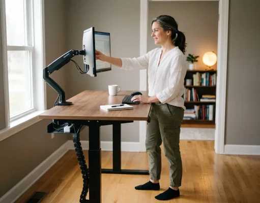 9 Standing Desk Organization Ideas That Actually Work Organized standing desk at standing height with monitor arm, cable spine on leg, clean surface with 5 items