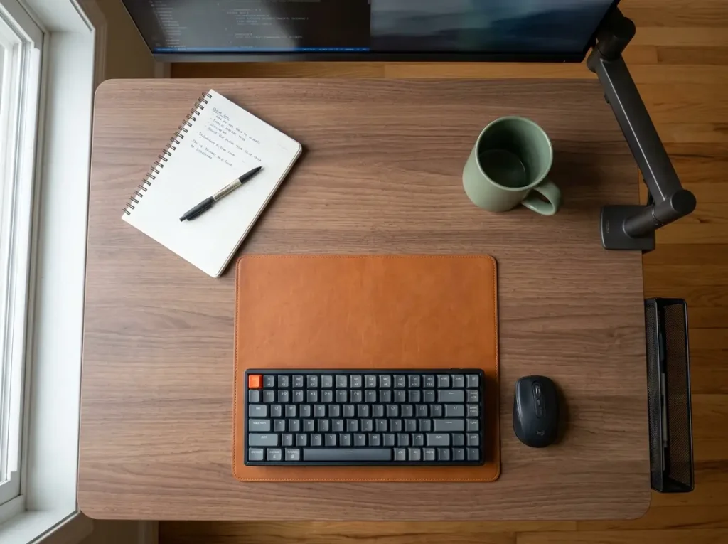 9 Standing Desk Organization Ideas That Actually Work 1 Clean standing desk surface from overhead — keyboard, mouse, notebook, mug, and monitor arm only