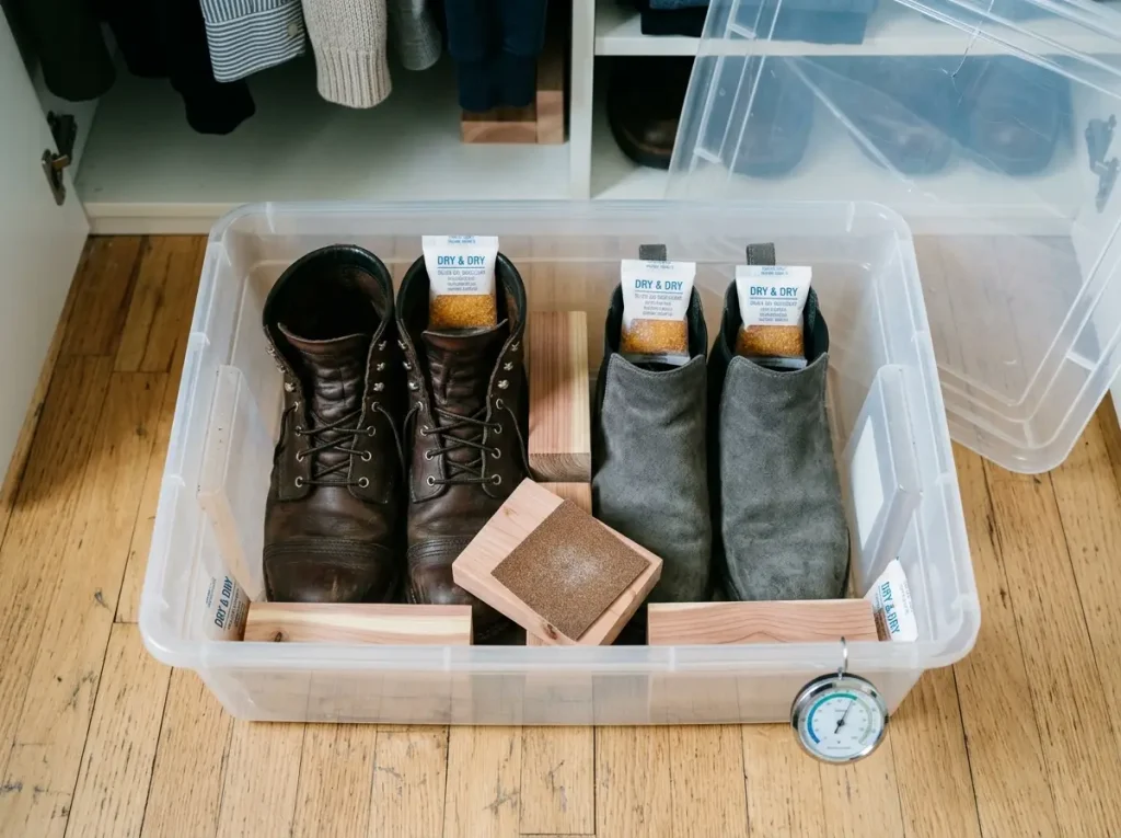 Silica gel packets inside stored shoes with cedar blocks in a clear bin to stop mold and odor