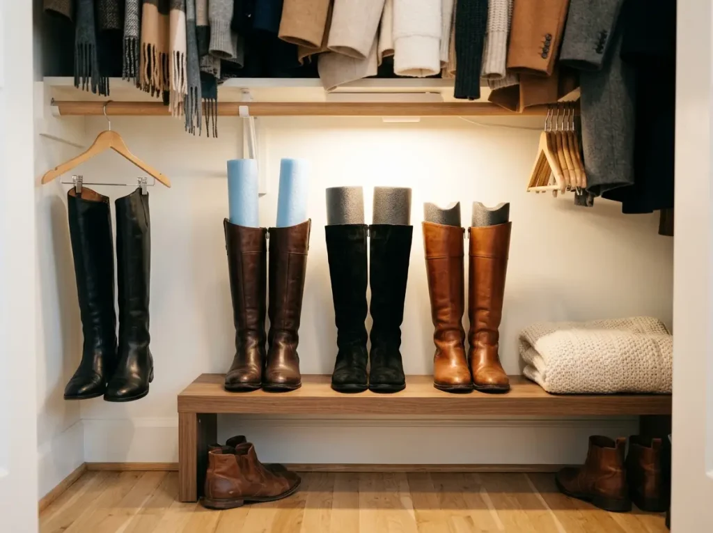 How to Organize Shoes in a Closet That Won't Pile Up Again 7 Tall boots standing upright with boot shapers on a closet shelf away from hanging clothes