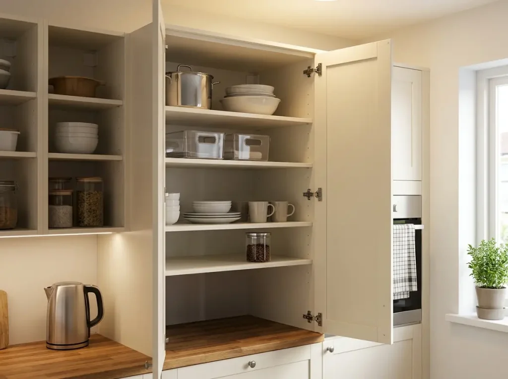 Open kitchen cabinet organized by use with daily items at eye level, showing prime-shelf storage for minimalist homes