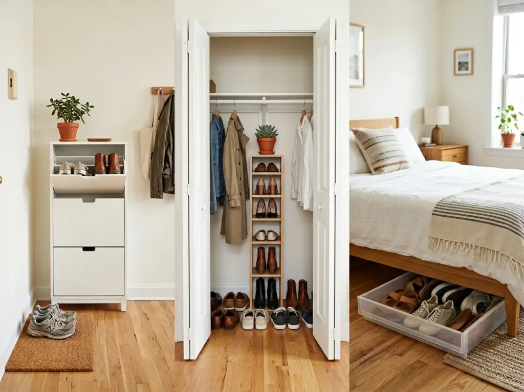 Shoe Storage Ideas for Small Spaces, Room by Room 2 Three-zone shoe organization system in a small apartment — entryway, closet, and bedroom under-bed storage