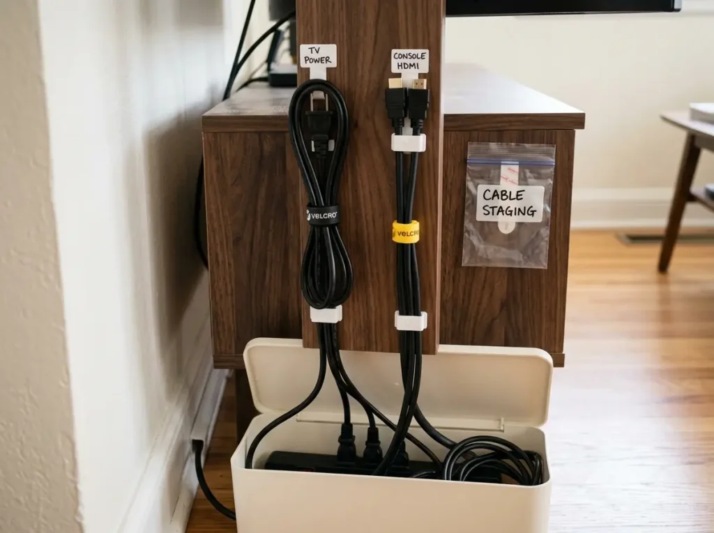 organized TV stand back panel with labeled cable bundles showing maintenance system