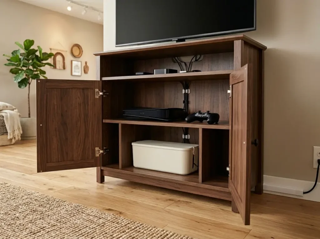 organized TV stand interior showing cable management box and baseboard raceway system