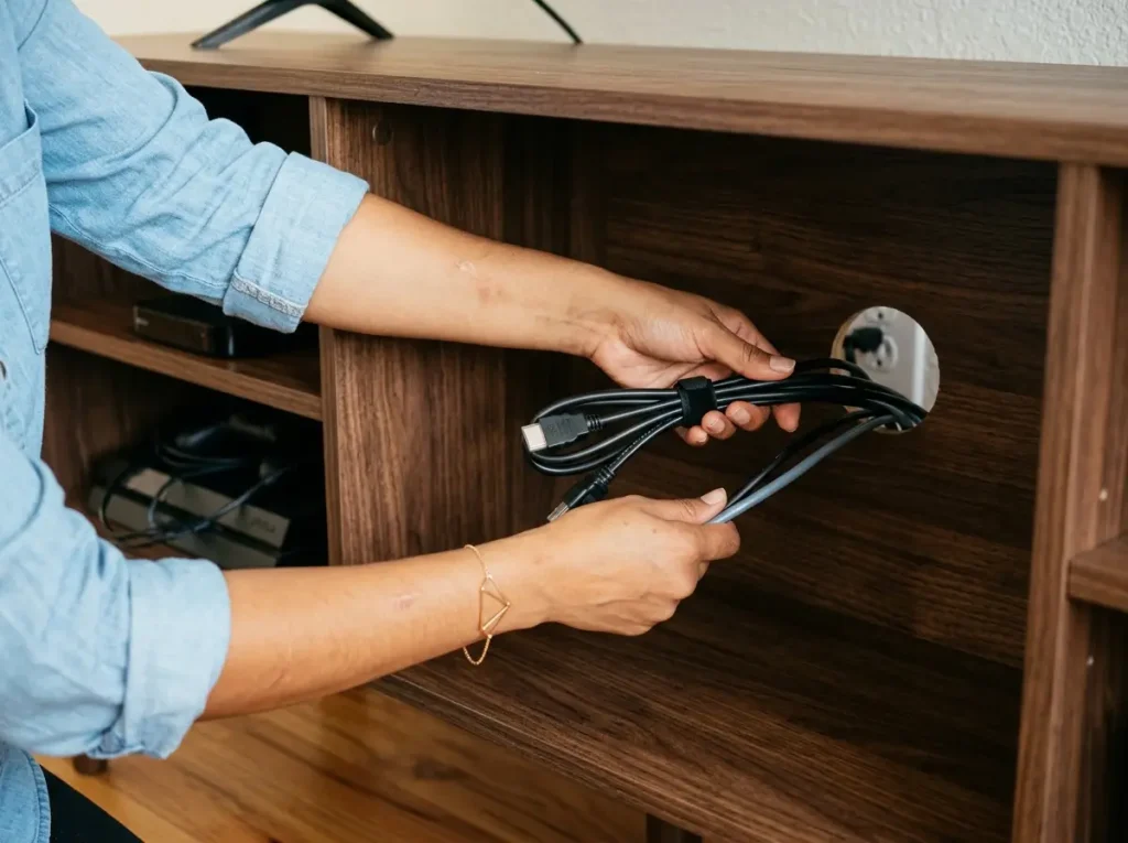 Hands routing bundled HDMI and power cables through TV stand rear cutout hole