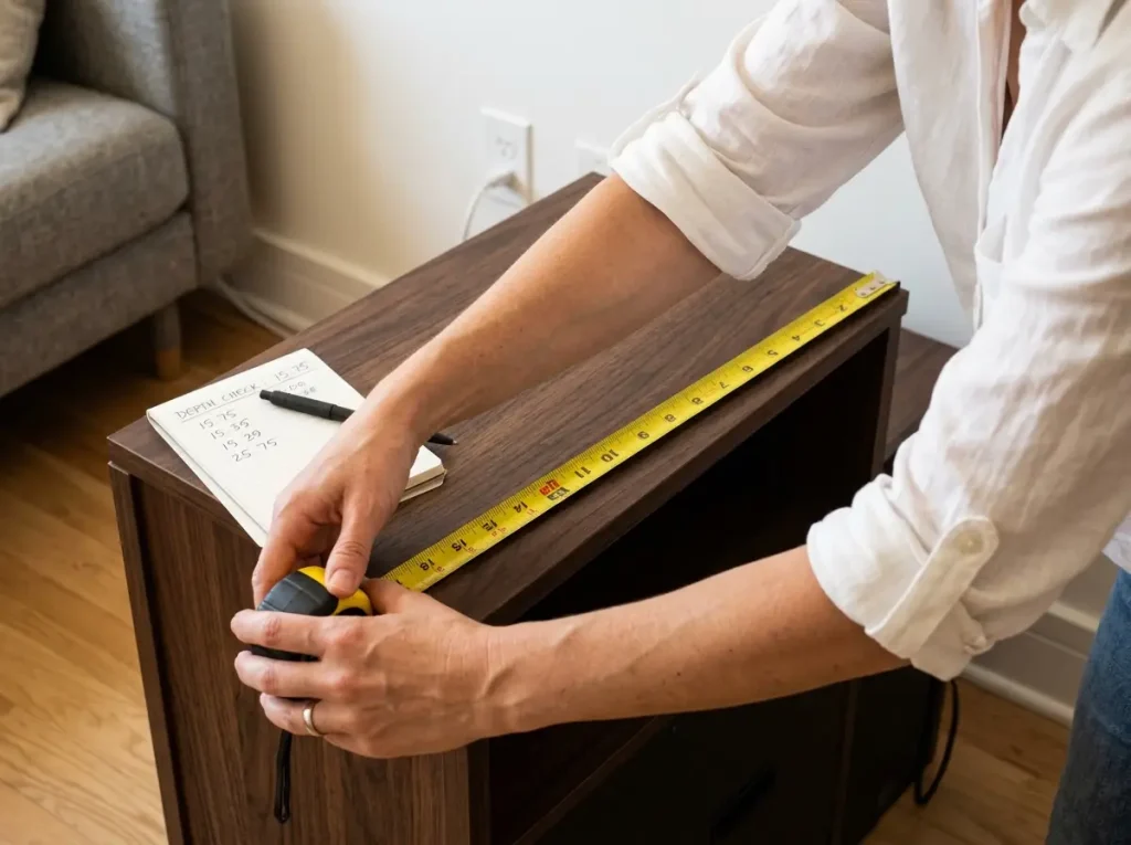 Measuring TV stand depth with tape measure showing 15.75 inches on walnut console
