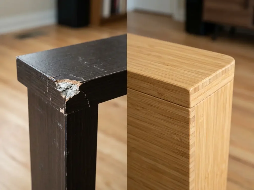Close-up comparison of chipped MDF TV stand corner versus intact bamboo edge