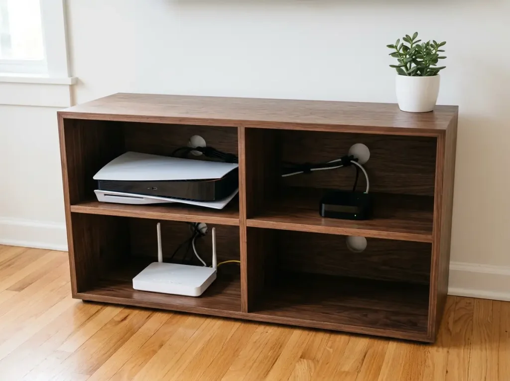 Open cubby TV stand with streaming box and router cables managed through rear cutout