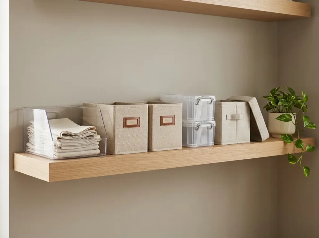 A shelf displaying different storage bin types side by side, clear plastic fabric and stackable