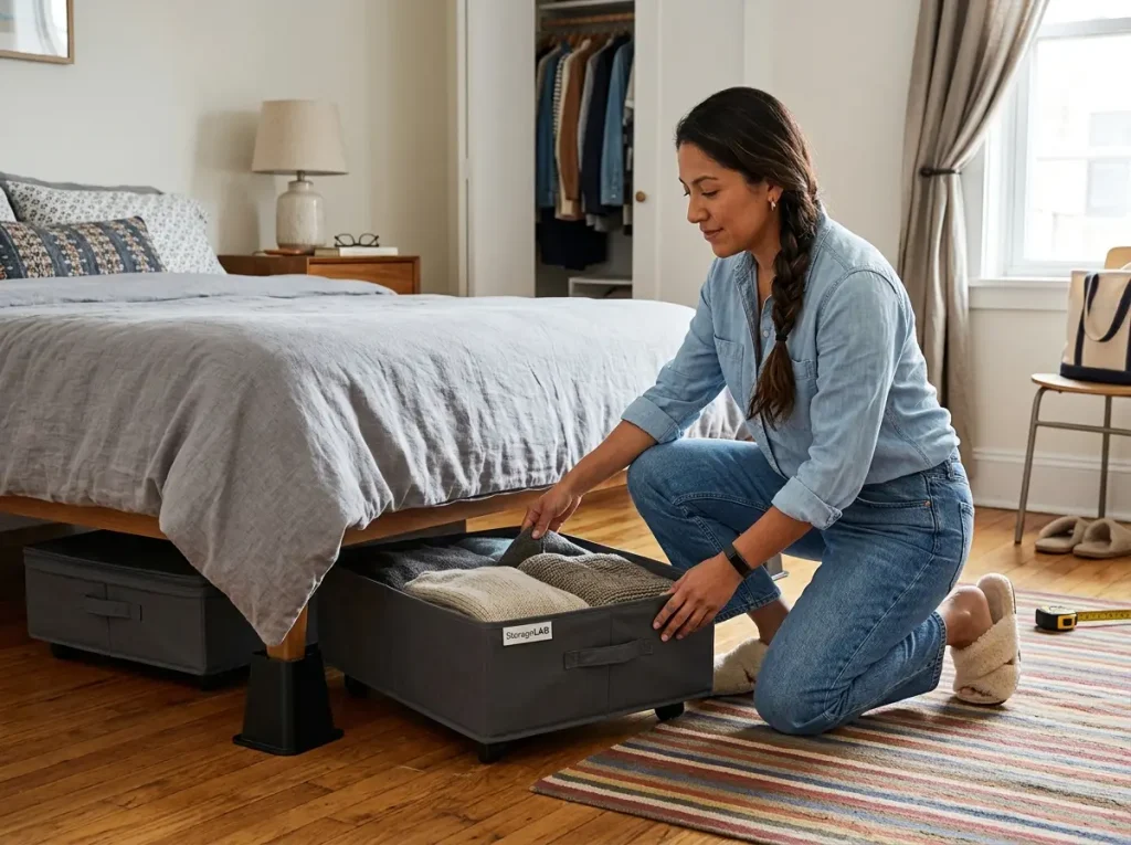 Renter pulls a rolling under-bed storage container from beneath a platform bed lifted on bed risers