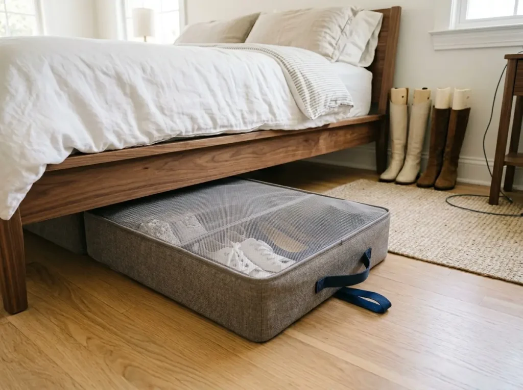 Shoe Organization That Actually Lasts 9 Flat shoe storage organizer being pulled from under platform bed showing low clearance and organized shoe pairs inside
