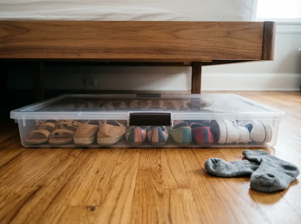 Shoe Storage Ideas for Small Spaces, Room by Room 8 Ultra-flat clear storage container fitting under a platform bed frame for seasonal shoe storage