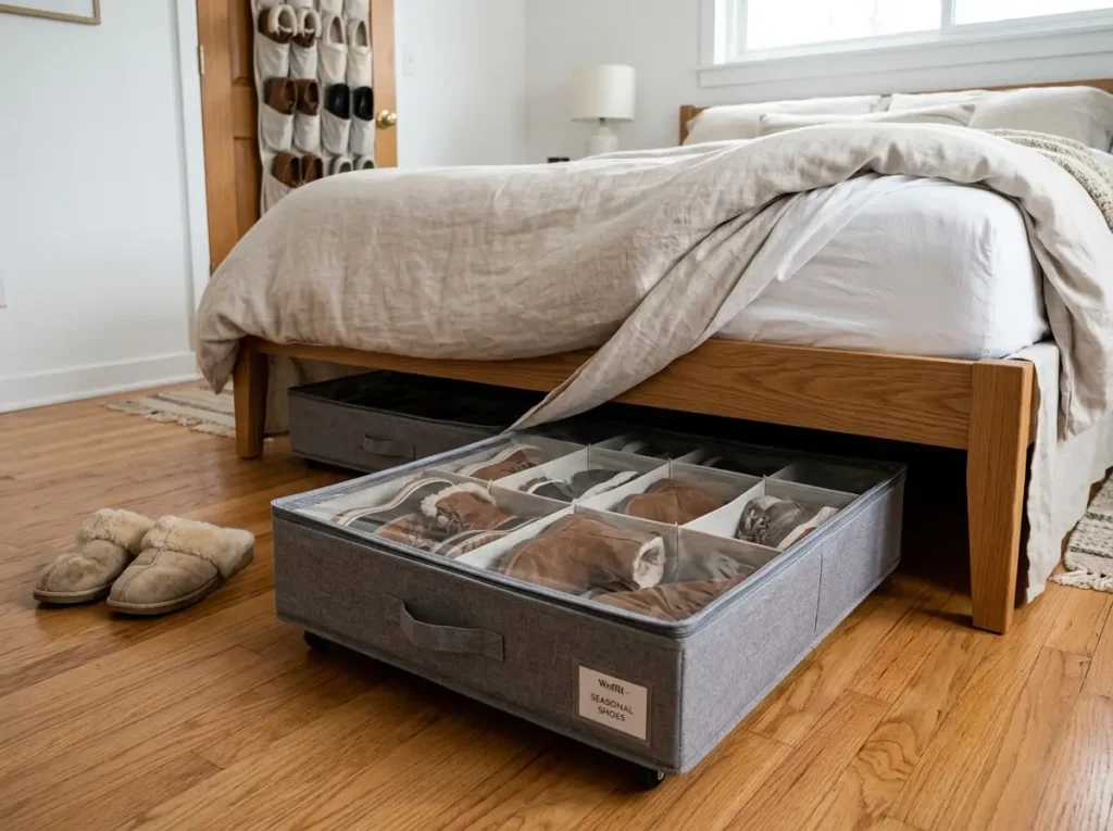 Best Shoe Organizers for Every Space and Budget 9 Under-bed shoe storage box with a clear lid pulled out from beneath a bed, holding winter boots