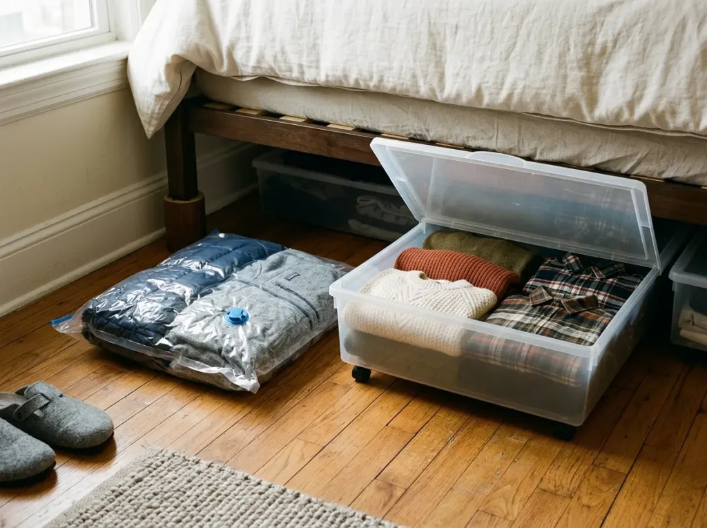 Under-bed bins and vacuum compression bag storing off-season clothes without a closet