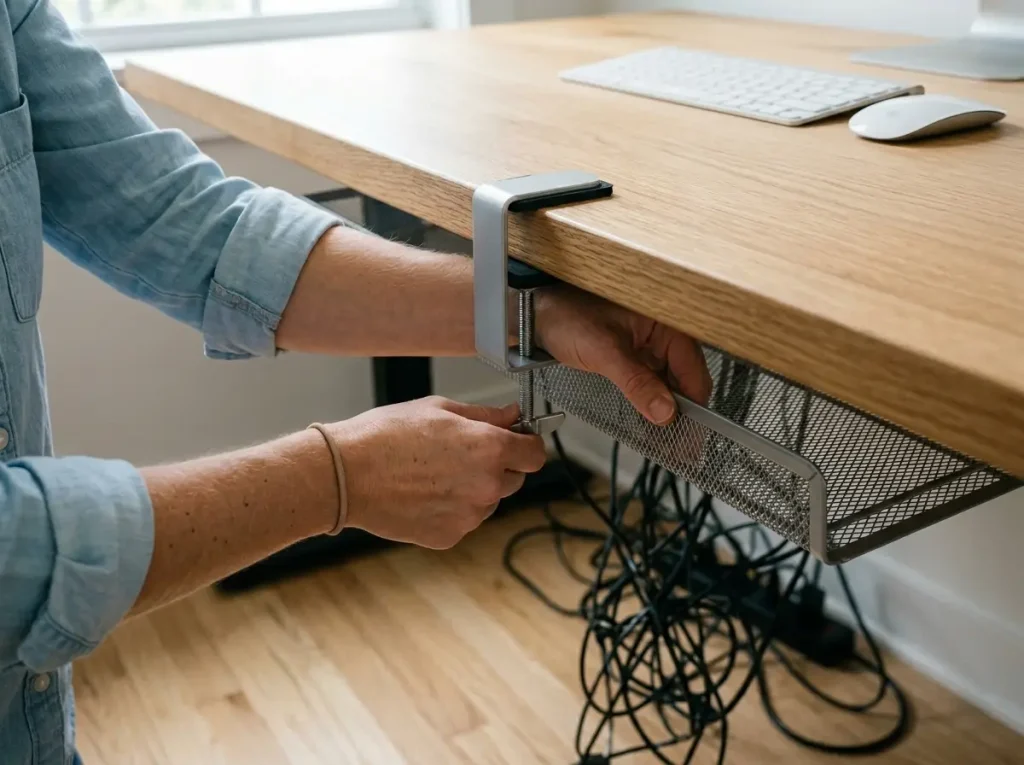 5 Cable Management Solutions Tested at My Desk 2 Hands installing a no-drill clamp-mount cable management tray under a light wood desk