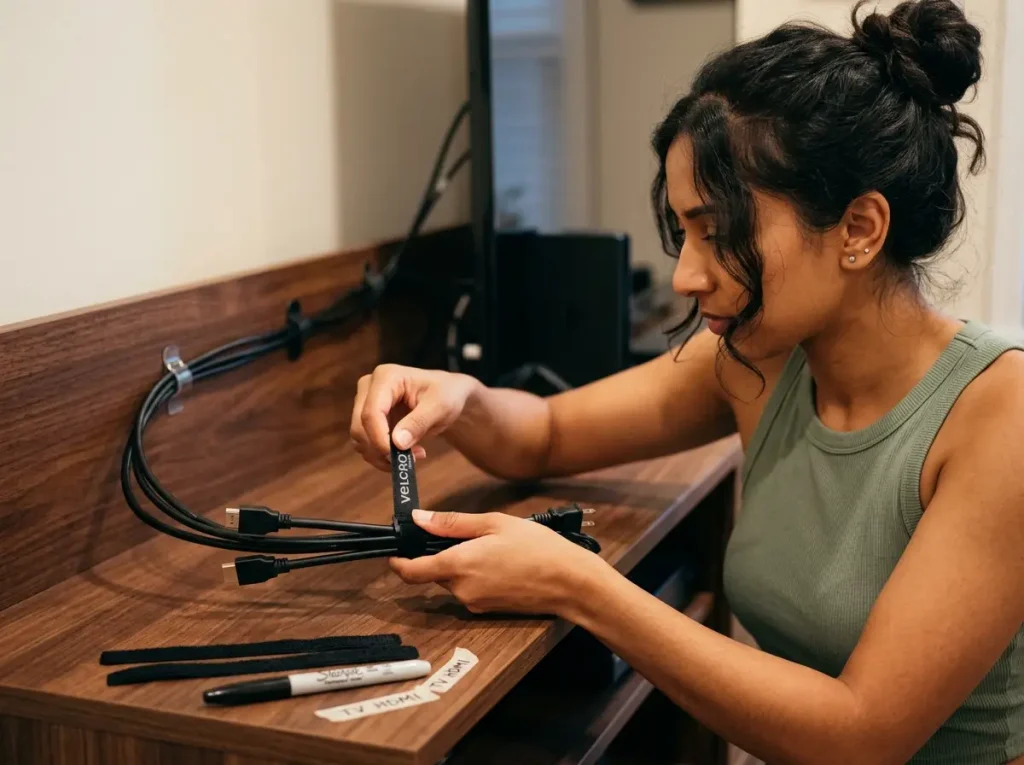 hands wrapping velcro cable tie around bundled HDMI and power cord cables