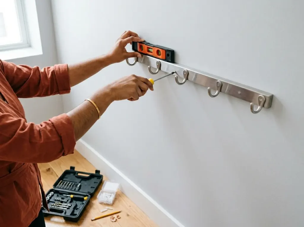 Hands installing a wall-mounted coat hook rail in an apartment entryway