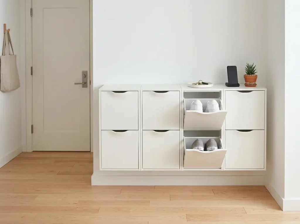 IKEA TRONES-style white wall-mounted shoe cabinets in apartment entry with door open showing shoes inside