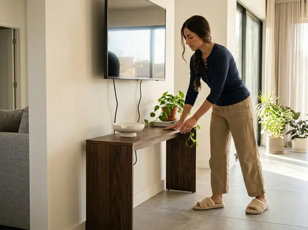 woman positioning console table under wall-mounted TV to hide cables without drilling