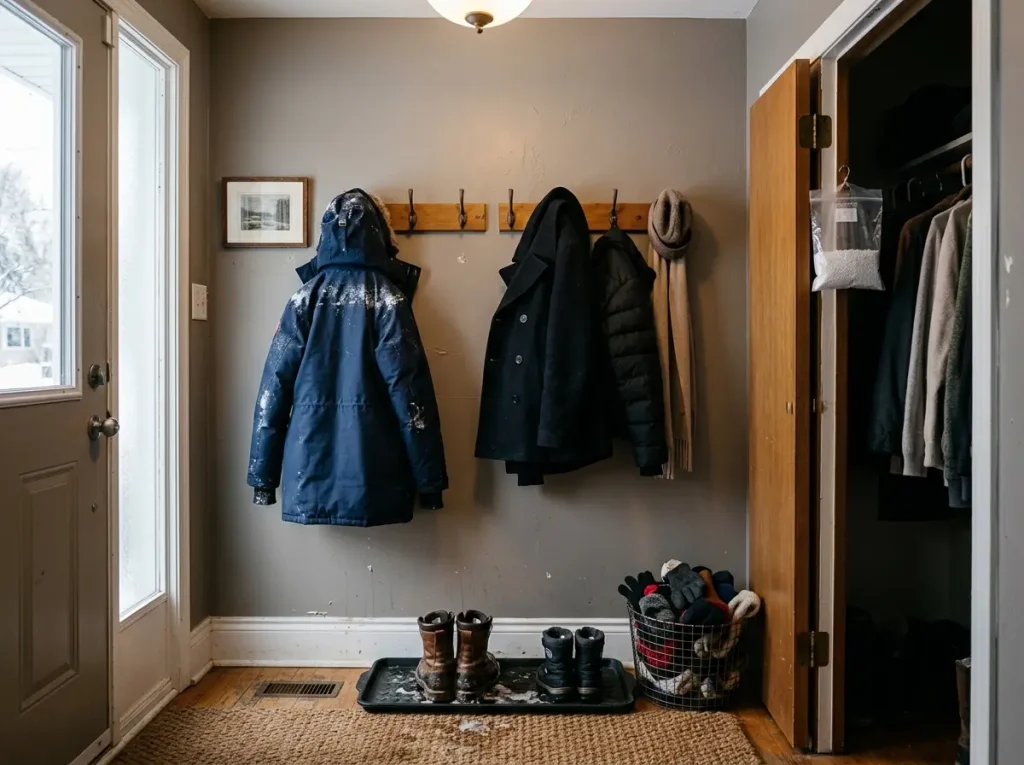 A lived-in entryway with a damp coat drying on a hook and a hanging dehumidifier bag to prevent closet mold