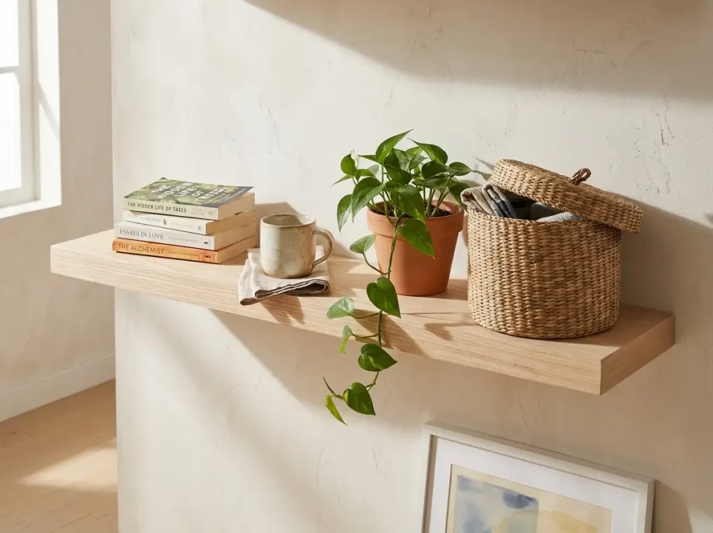 Minimalist open shelf with a few intentional, well-used items in a real home