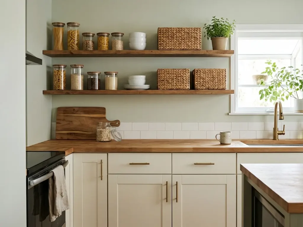 Open kitchen shelving with a few clear containers and woven baskets showing minimalist storage in use