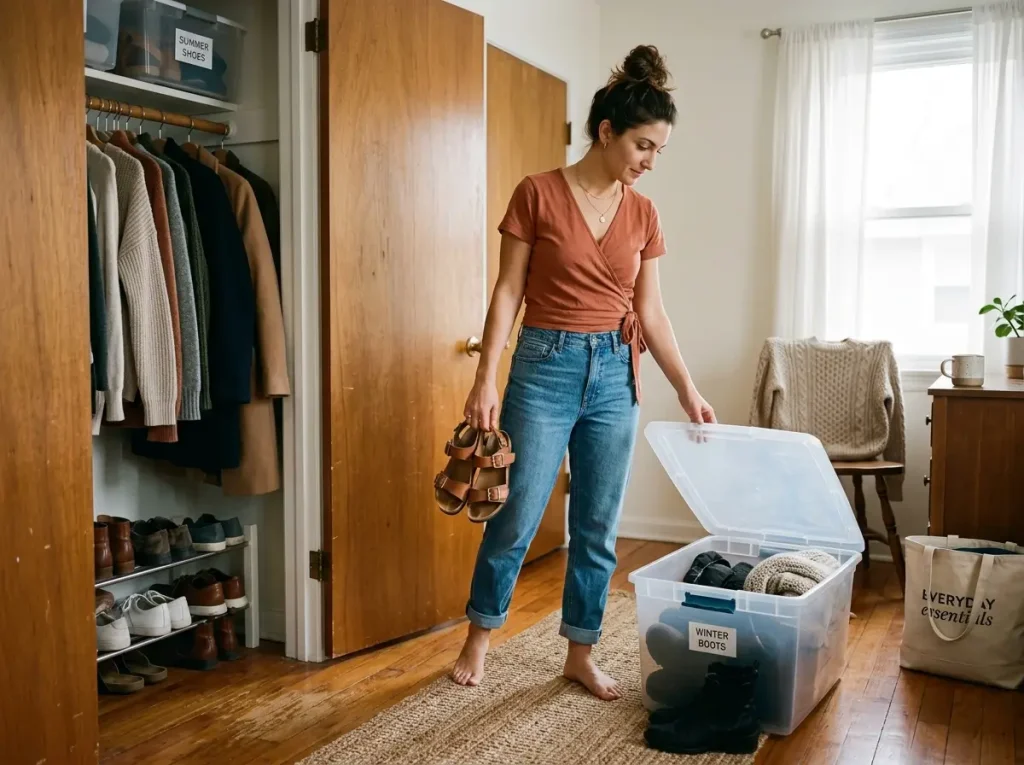 Woman swapping summer sandals and winter boots between a storage bin and closet during seasonal rotation