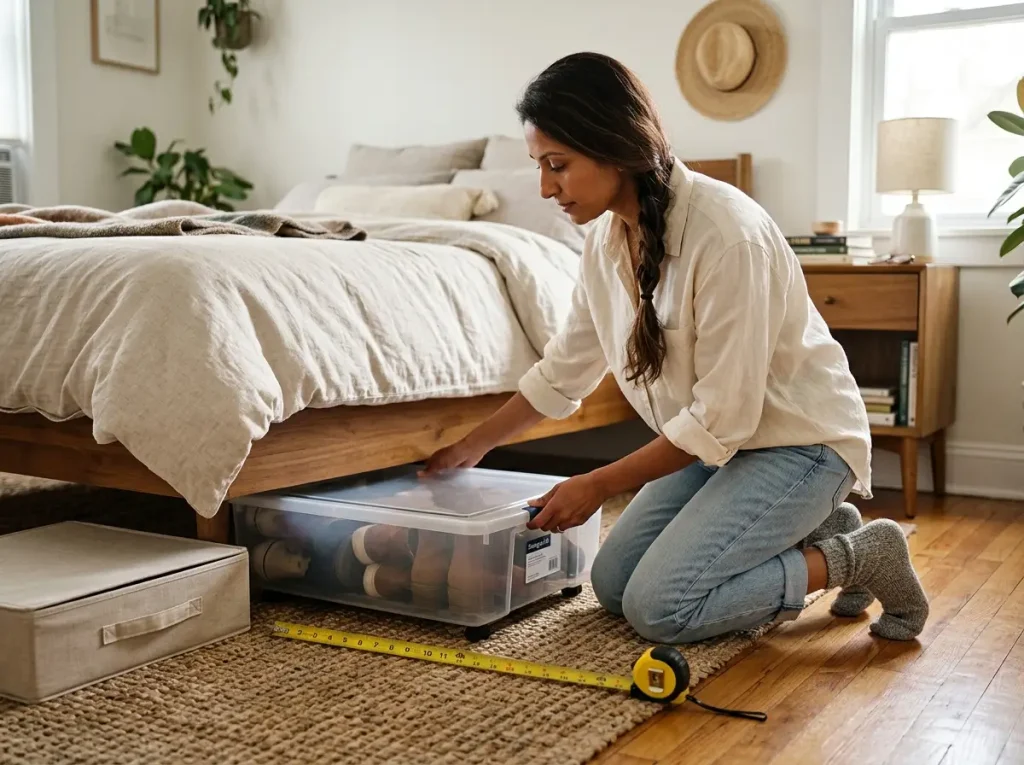 Woman sliding a rolling under-bed storage bin of seasonal shoes beneath a bed, measuring clearance