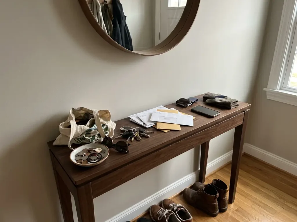 Entryway table slowly collecting clutter, showing how a home fills back up