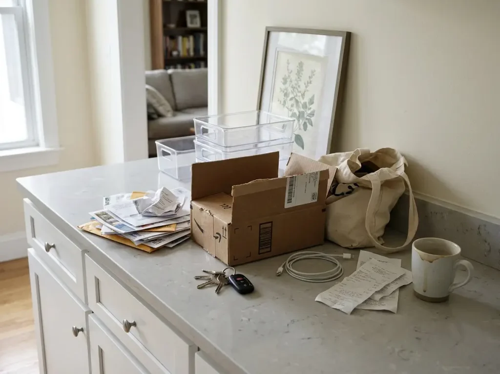 A kitchen counter showing clutter creep with mail and objects piling up on a once-clear surface