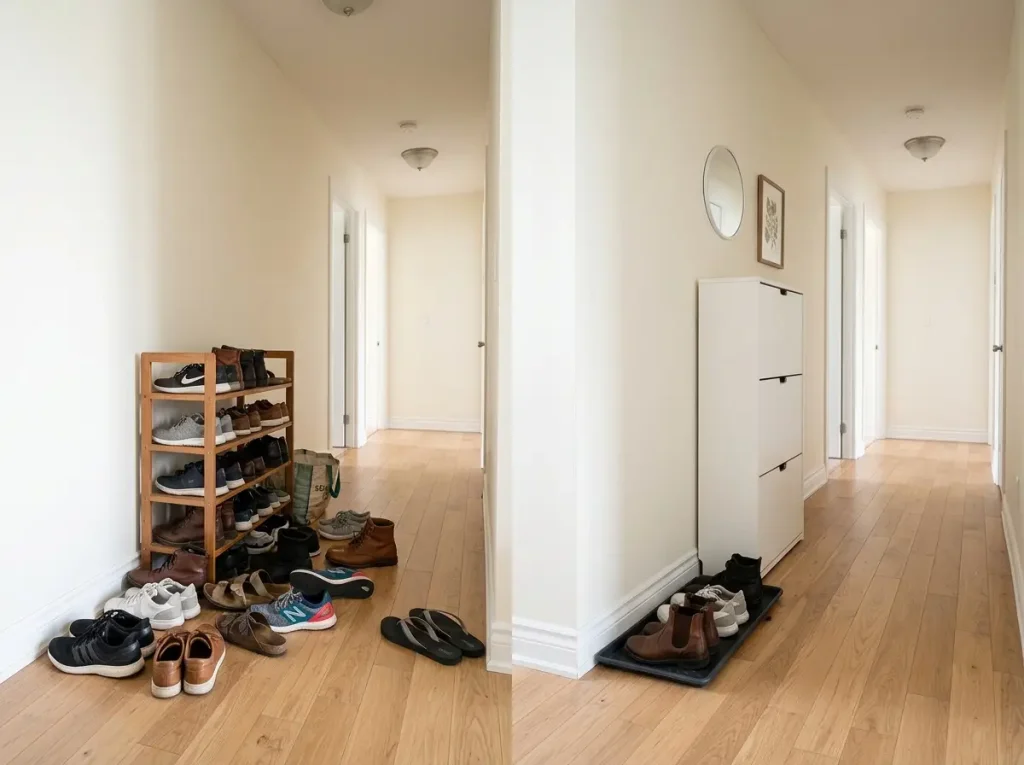 Shoe Organization That Actually Lasts 11 Split view of failed shoe organization pile beside overloaded rack versus working organized slim cabinet system in same hallway