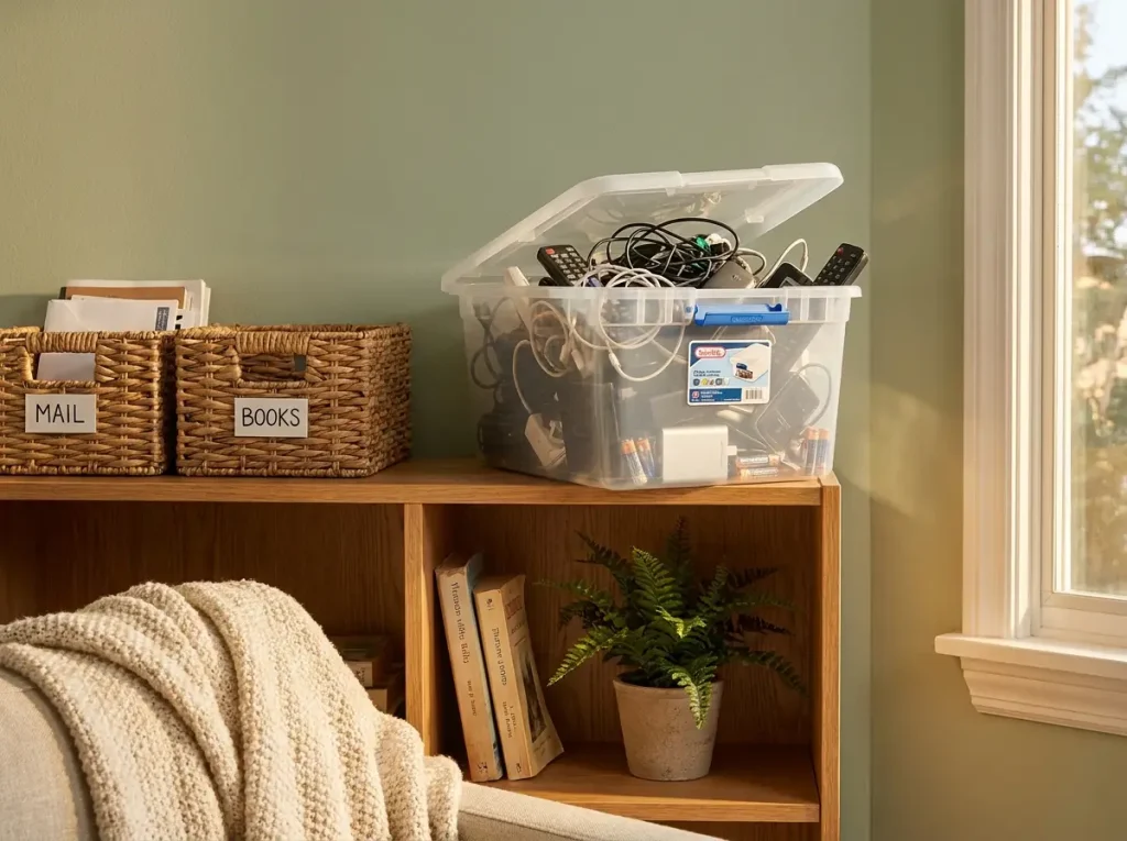 An overstuffed storage bin with a stuck lid showing how a bin system reverts over time