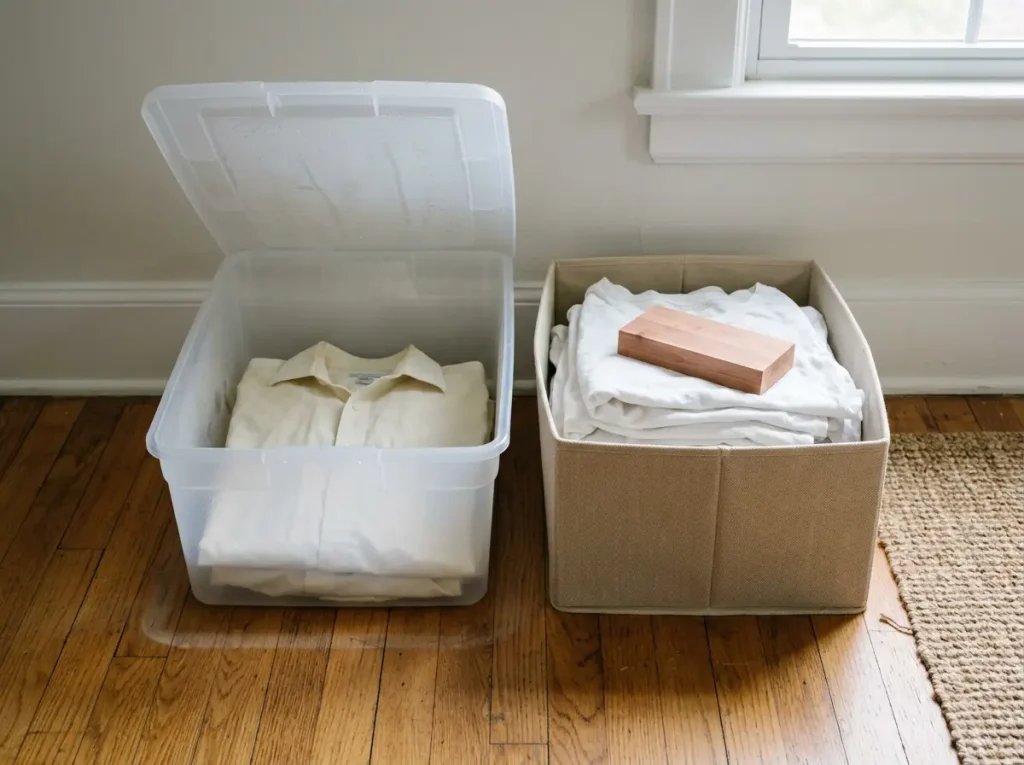 Open sealed plastic bin showing moisture beads beside a breathable fabric storage bin of folded clothes