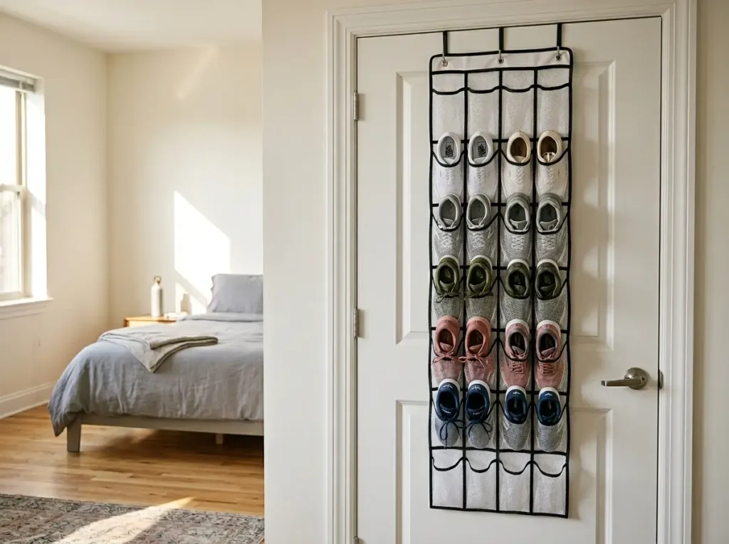Wide-pocket over-door shoe organizer on closet door with adult sneakers fitting properly in each pocket pair
