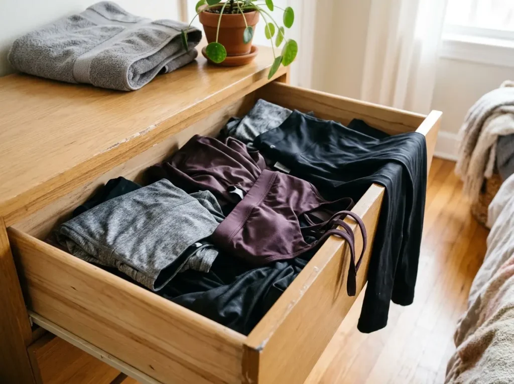 Open drawer of synthetic workout leggings slumping out of their folds, showing why activewear gets messy