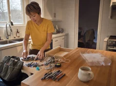Junk Drawer Organization Ideas for Stuff With No Home Woman sorting an emptied junk drawer into piles on a kitchen counter before organizing it